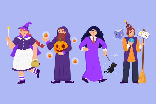 Flat halloween witches collection