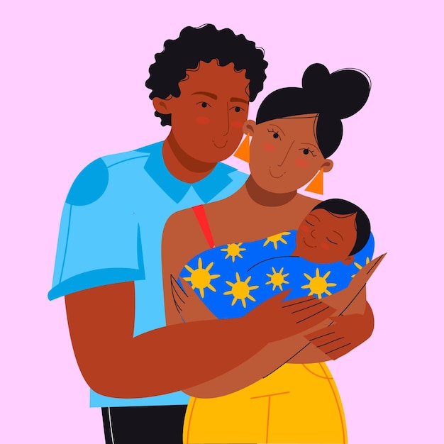 Free Vector flat-hand drawn black family with a baby