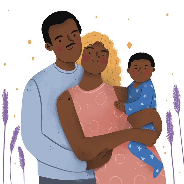 Free Vector flat-hand drawn black family with a baby