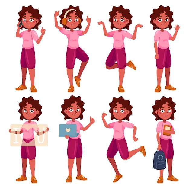 Free Vector flat-hand drawn black girl in different poses collection