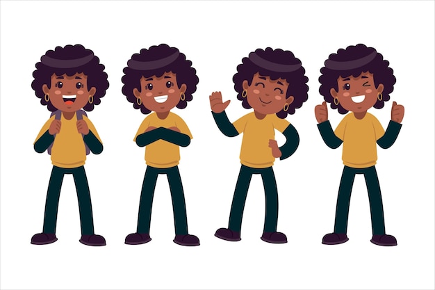 Flat-hand drawn black girl in different poses