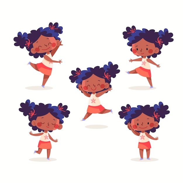 Flat-hand drawn black girl in different poses