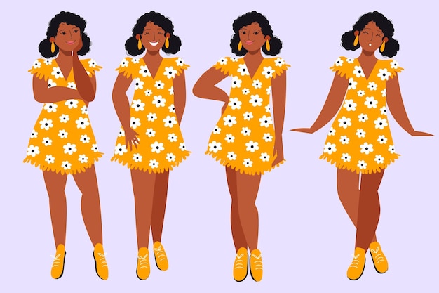 Free Vector flat-hand drawn black girl in different poses