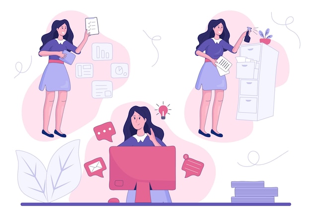 Flat-hand drawn businesswoman multitasking illustration