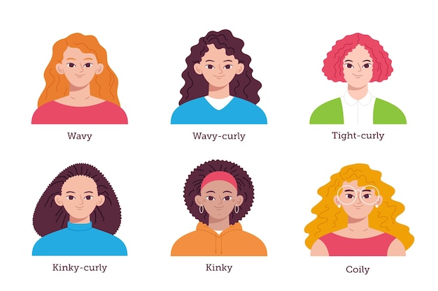 Free Vector flat-hand drawn curly hair types pack