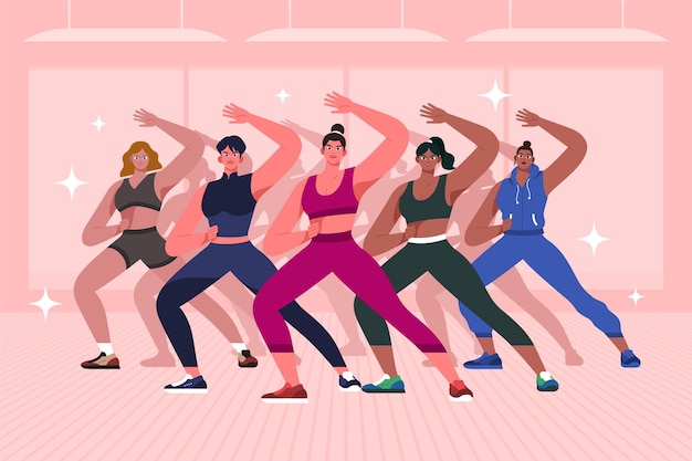 Flat-hand drawn dance fitness class illustration