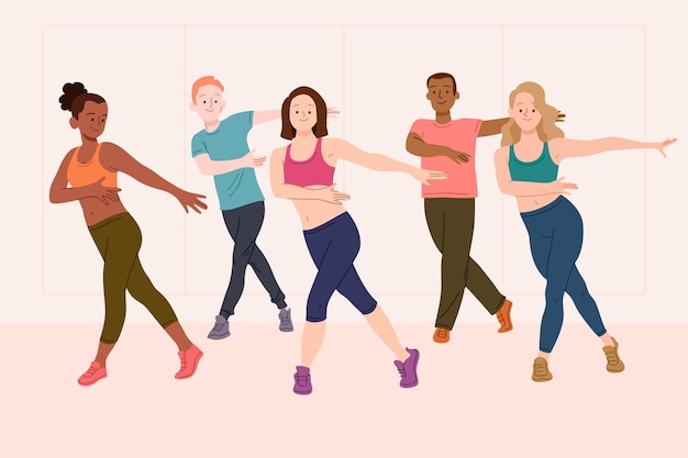 Flat-hand drawn dance fitness class illustration