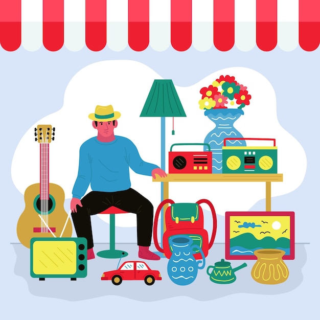 Free Vector flat-hand drawn flea market illustration with people