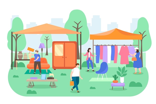 Free Vector flat-hand drawn flea market illustration with people