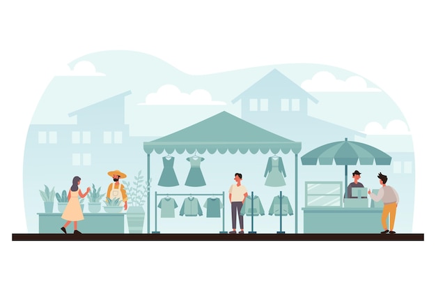 Free Vector flat-hand drawn flea market illustration with people