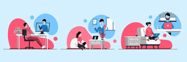 Flat-hand drawn friends videoconferencing illustration