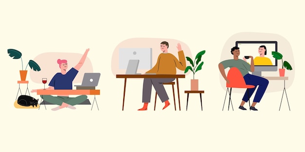 Free Vector flat-hand drawn friends videoconferencing scenes