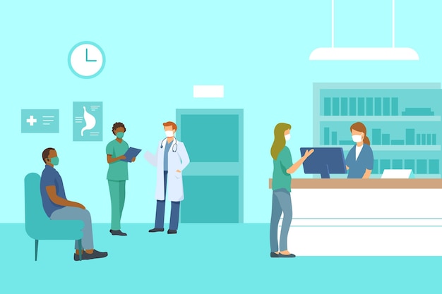 Flat-hand drawn hospital reception scene