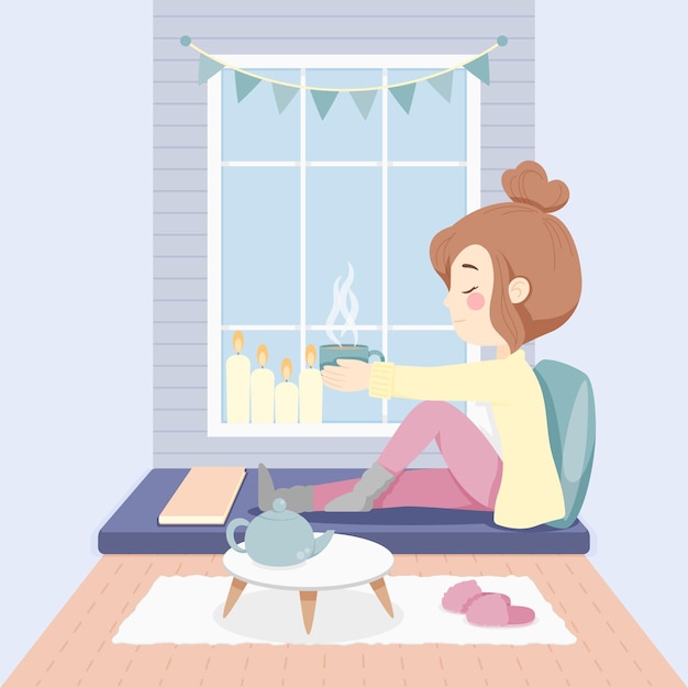 Flat-hand drawn hygge lifestyle illustration with people