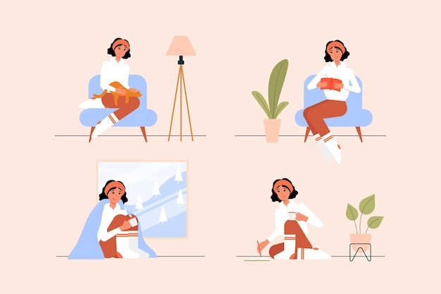 Flat-hand drawn hygge lifestyle illustration with people