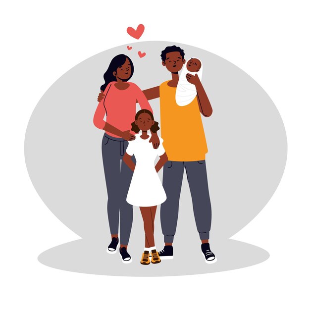 Flat-hand drawn illustration black family with a baby