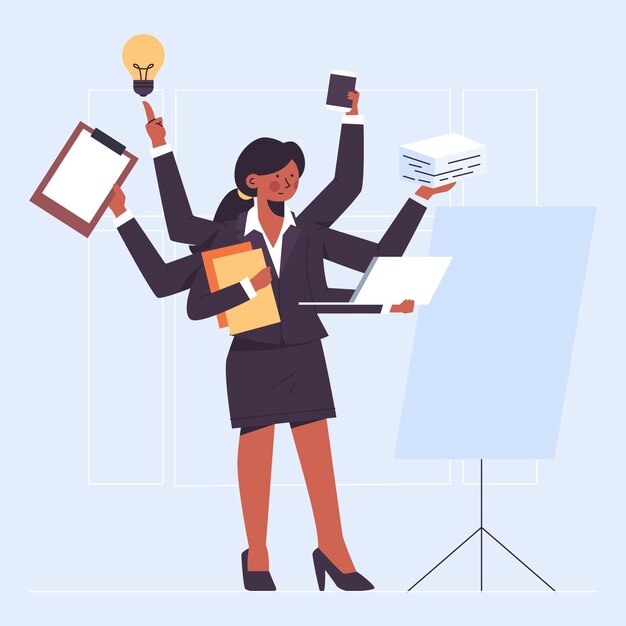 Flat-hand drawn multitasking businesswoman illustration