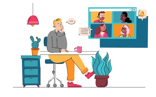 Flat hand drawn online business meeting illustration