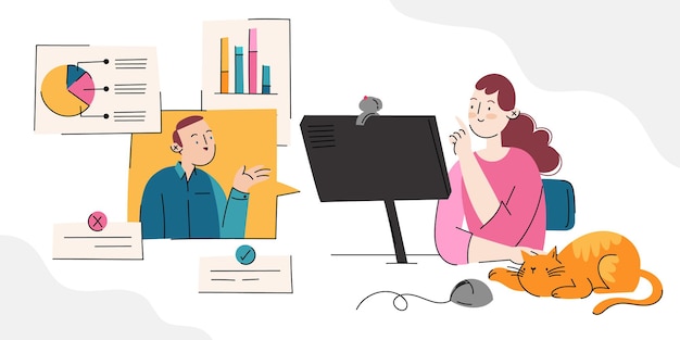 Flat hand drawn online business meeting illustration