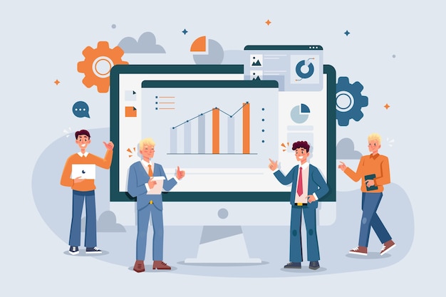 Flat-hand drawn people analyzing growth charts