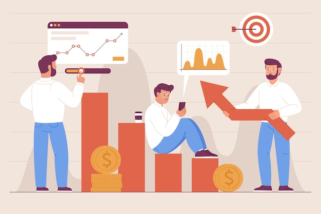 Flat-hand drawn people analyzing growth charts