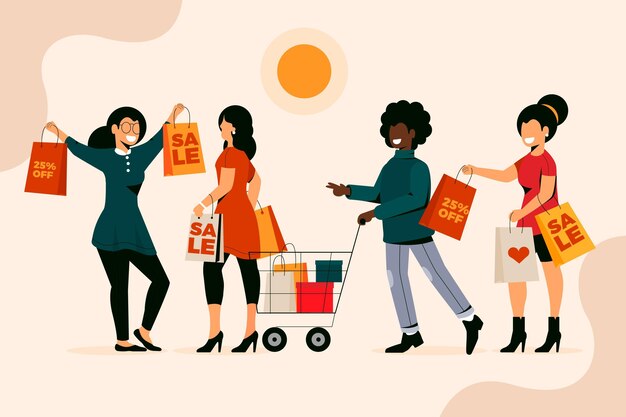 Flat-hand drawn people holding shopping bags