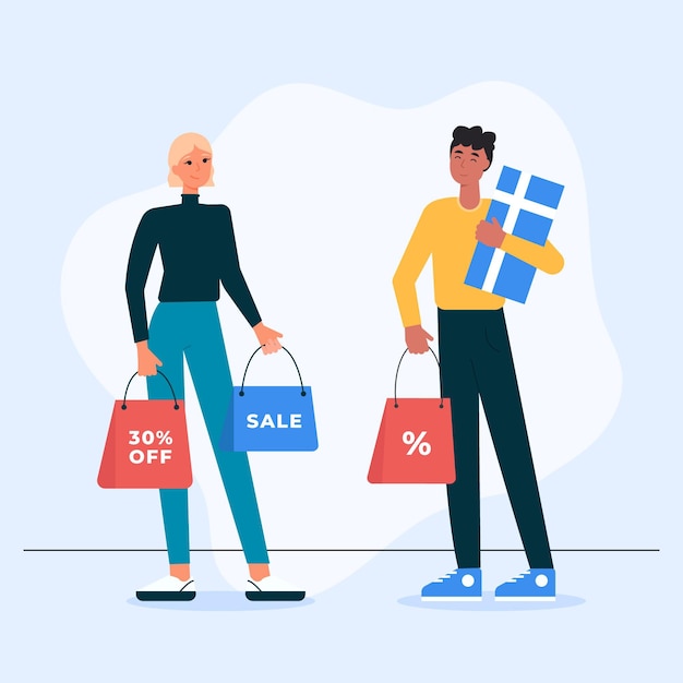 Flat-hand drawn people shopping on sale illustration