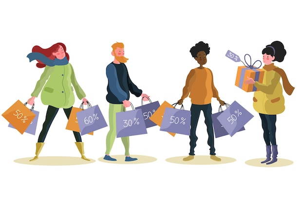 Free Vector flat-hand drawn people shopping on sale