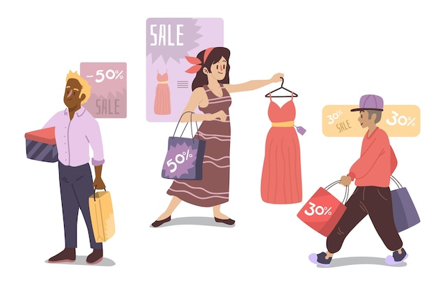 Flat-hand drawn people shopping