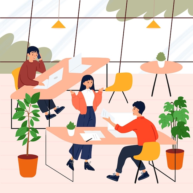 Free Vector flat-hand drawn people talking in a big room