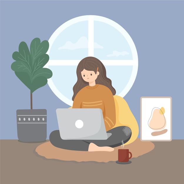 Flat-hand drawn remote working illustration with woman