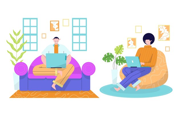 Flat-hand drawn remote working illustration