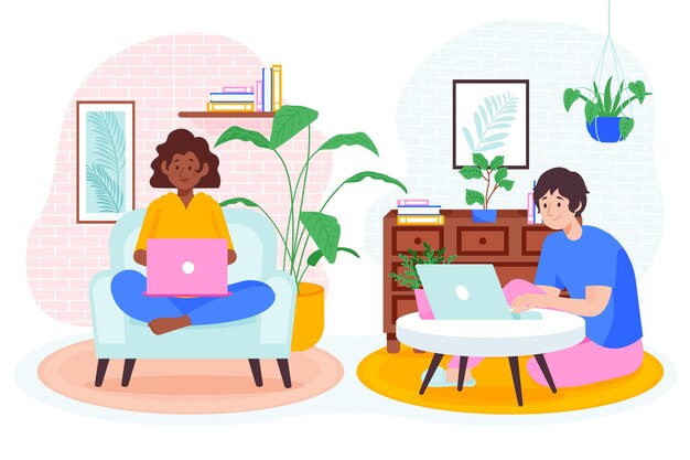 Flat-hand drawn remote working illustration