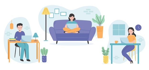 Flat-hand drawn remote working scenes