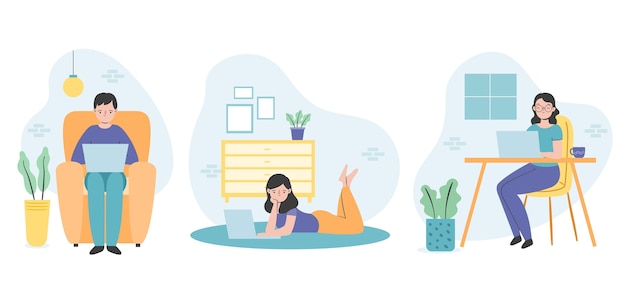 Free Vector flat-hand drawn remote working scenes