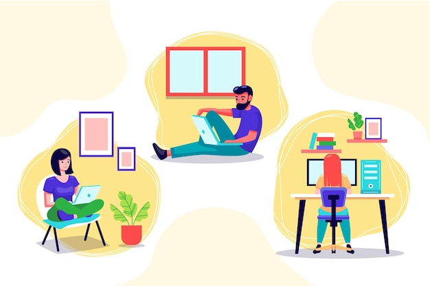 Free Vector flat-hand drawn remote working scenes