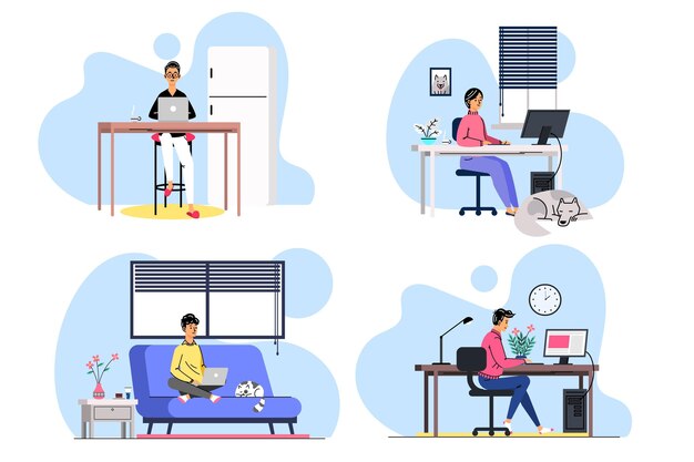 Flat-hand drawn remote working scenes