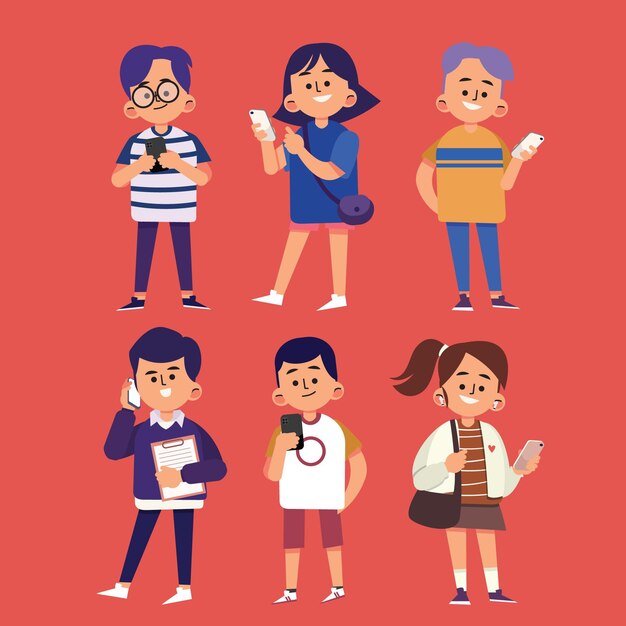 Flat-hand drawn young people using smartphones illustration