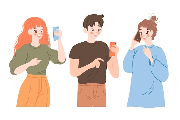 Flat-hand drawn young people using smartphones illustration