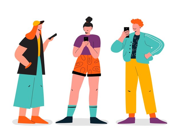 Flat-hand drawn young people using smartphones