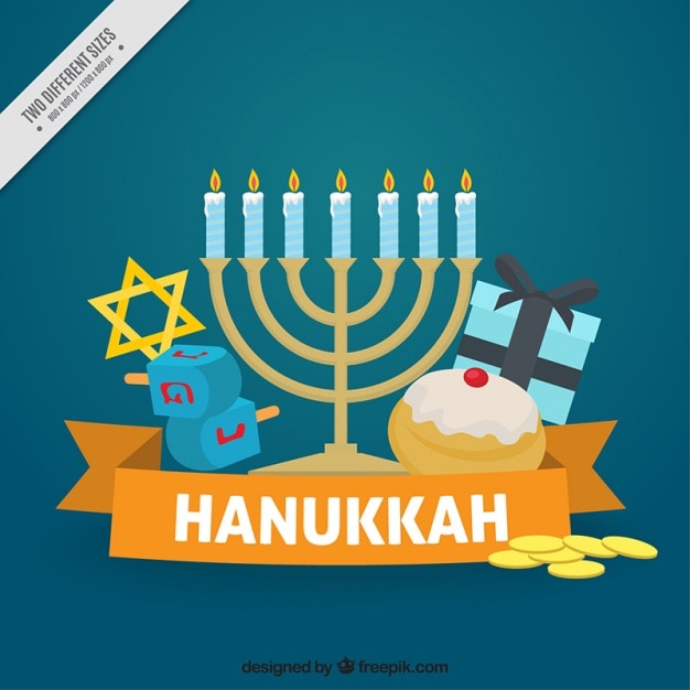 Free Vector flat hanukkah background with spinning tops and candelabra