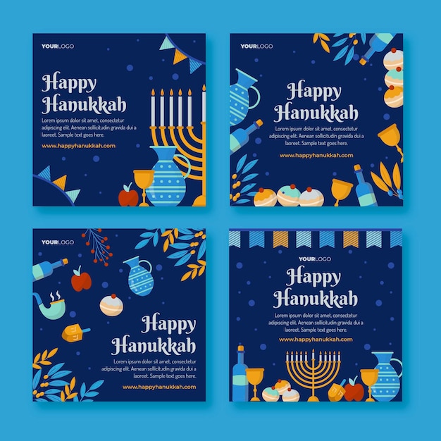 Free Vector flat hanukkah instagram posts collection