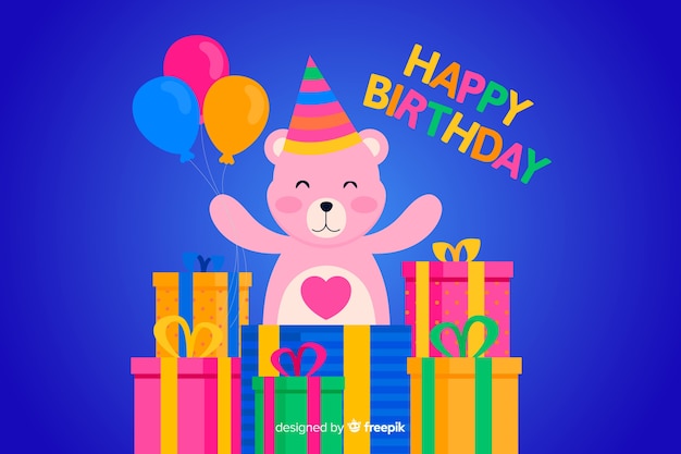 Free Vector flat happy birthday background with teddy bear