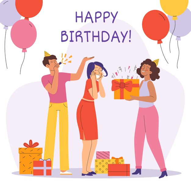 Flat happy birthday card template with people and balloons