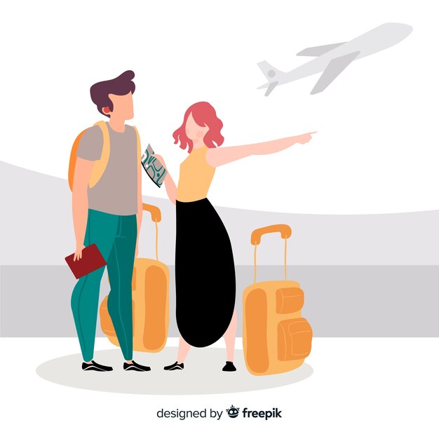 Flat happy couple traveling background