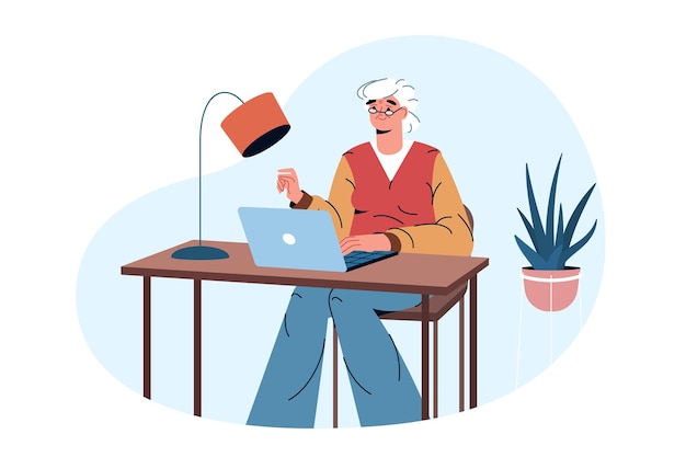 Free Vector flat happy elderly woman working online at home old age pensioner sitting with laptop at the table and surfing on the internet older lady studying in distance education shopping or communicating