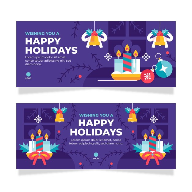 Flat happy holidays horizontal banners set