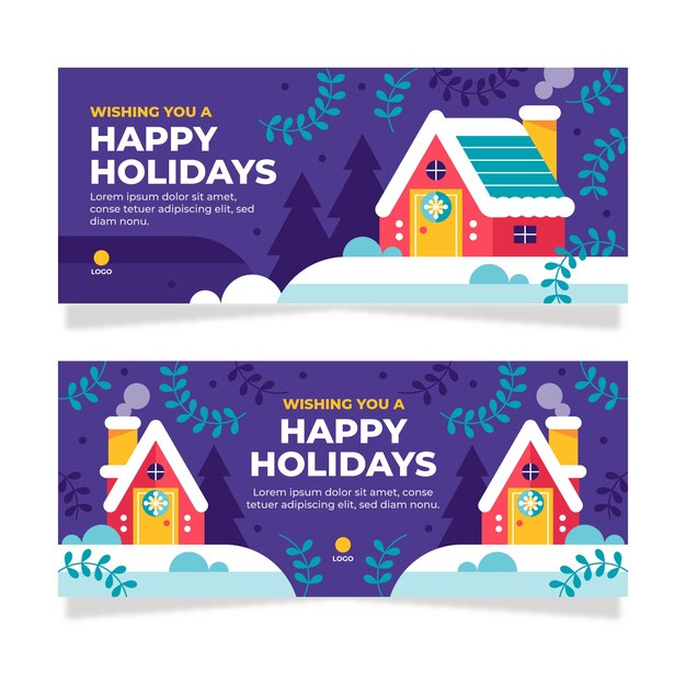 Flat happy holidays horizontal banners set