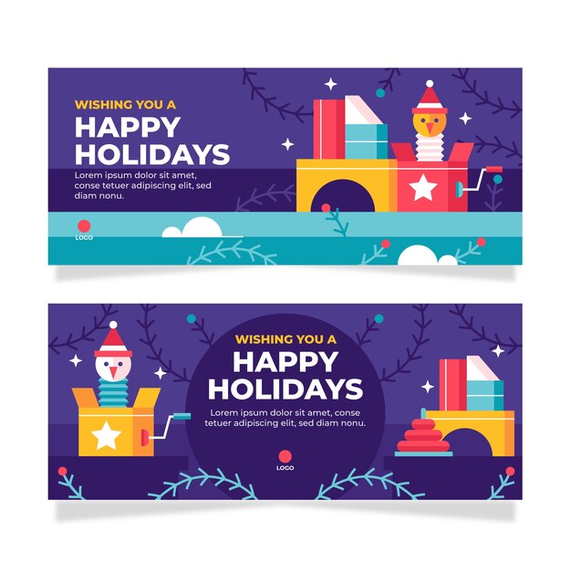 Flat happy holidays horizontal banners set