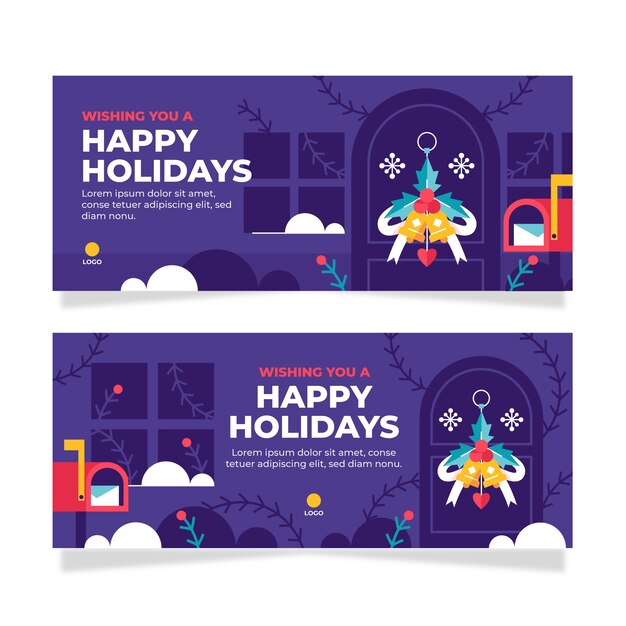 Flat happy holidays horizontal banners set